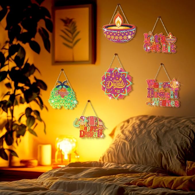Zonon 6 Pcs Diwali Decoration Diamond Art Painting Hanging Sign Set Indian Diamond Art Adults 5d DIY Craft Acrylic Pendant Ornaments Kits Pooja Decor for Diwali Home Wall Door Window Decor