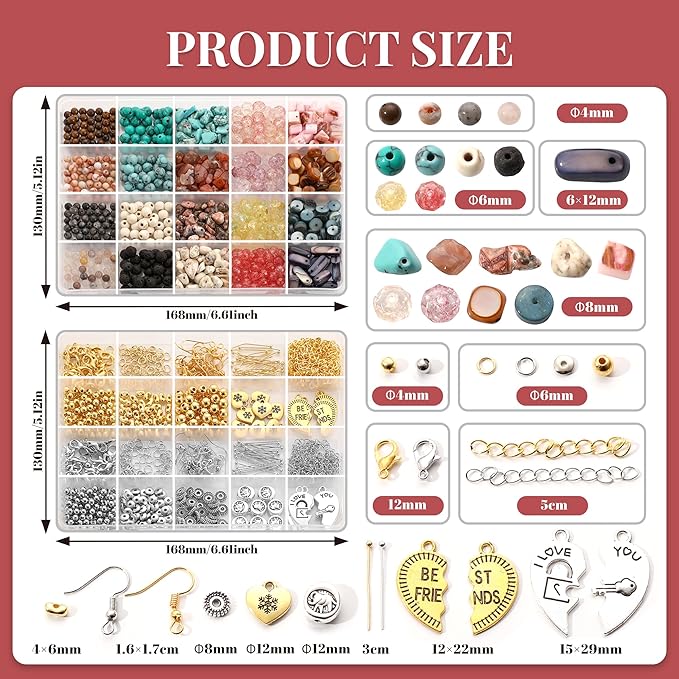 1500Pcs Natural Stone Jewelry Making Kit for Adults Women - Irregular Crystal Gemstone Beads (Turquoise, Agate, Shell) & Charms for DIY Boho Bracelet, Necklace, Earring & Ring Making Supplies Gift