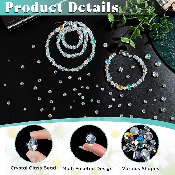 636pcs glass beads for jewelry making, assorted crystal beads with loose beads for bracelet earring necklace suncatchers diy crafts jewelry making valentine's day birthday gift, ab color