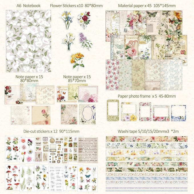 Vintage Botanical Scrapbooking Supplies Kit, Aesthetic Flower Scrapbook Kit for Bullet Junk Journal, 12 Rolls Washi Tape, Stickers Papers for DIY Journaling Supplies, Craft Gift for Girl Women