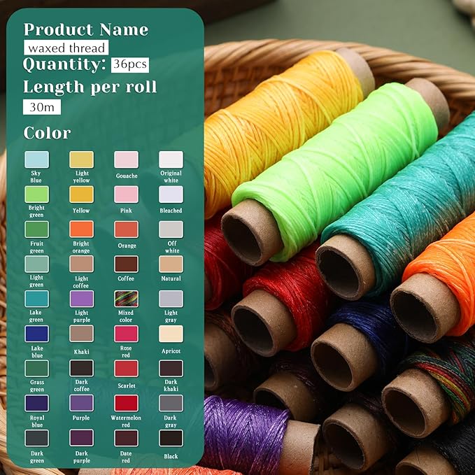 36 Colors Waxed Thread for Leather Sewing, 1188 Yards Colorful Leather Thread, 33 Yards Per Color Waxed Polyester Cord, Sewing Threads, Hand Stitching Threads for Hand Sewing