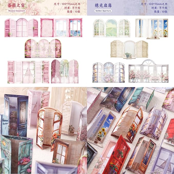 60 PCS Vintage Paper Window Scrapbook Stickers, Aesthetic Decorative Sticker for Scrapbooking Supplies Junk Journal Card Making Handmade DIY Paper Craft Decoration, Journaling Collage Kit Pop-up