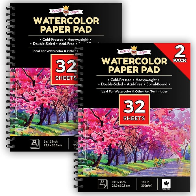 CHALKY CROWN - Watercolor Paper Pad - Water Color Paper Sketch Book - Large Paper for Artists, White - Pack of 2 (64 Sheets)