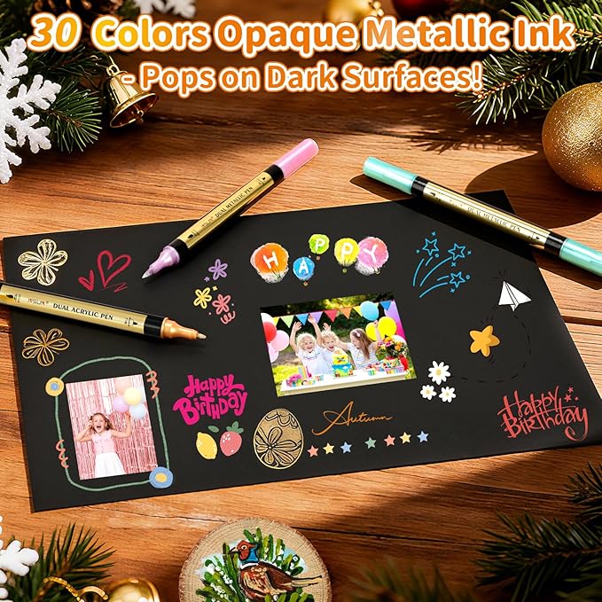 IVSUN Metallic Marker Pens, 30 Metallic & 30 Regular Colors Dual Tip Acrylic Paint Pens for Black Paper, Photo Album, Rock Painting, Wood, Card Making, DIY Crafts, Scrapbook Supplies