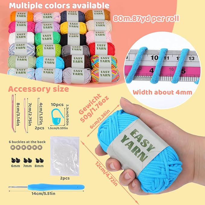 24x50g (42.3Oz) Easy Yarn for Crocheting and Knitting, 24x87yds Beginner Crochet Cotton Yarn for Beginners with Easy-to-See Stitches, Worsted-Weight Medium #4 - Cotton-Nylon Blend