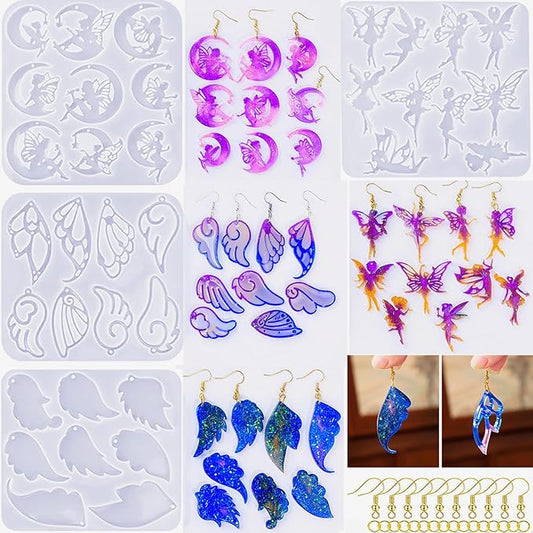 104Pcs Geometric Resin Earring Molds Kit, Wing Angel Shaped Earrings Silicone Mold for Epoxy Resin Dangle Drop Jewelry Molds Making Kit with 100 Earring Hook for Earrings Necklace Pendants (Wing)