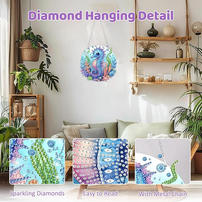 MEIYUDA Seahorse Diamond Art Hanging Kits for Adult, Shell Starfish Seahorse Diamond Painting Hanging Kits Ornaments, DIY Special Shaped Rhinestone Window Pendants Kit for Home Garden Wall Decor Gift