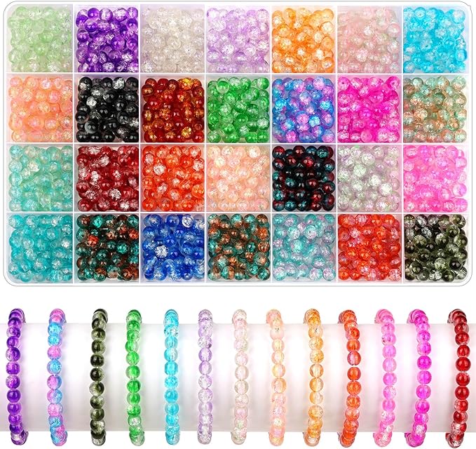 shynek 1400 Pieces 6mm Round Glass Beads for Bracelets, 28 Colors Bracelet Beads, Glass Crystal Beads for Jewelry Making, Bracelet Making and DIY Crafts(Crackle Color)