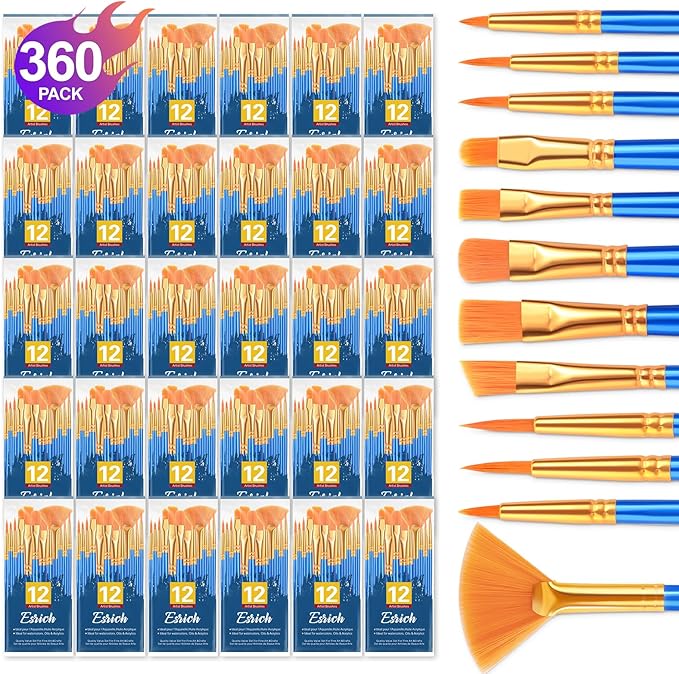 ESRICH Paint Brushes Set, 30 Pack/360 Pcs Nylon Hair Round-Pointed Tip Paint Brushes for Acrylic, Watercolor, Oil & Miniature Painting, Suitable for Kids & Adults