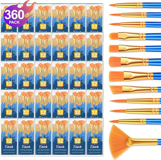 ESRICH Paint Brushes Set, 30 Pack/360 Pcs Nylon Hair Round-Pointed Tip Paint Brushes for Acrylic, Watercolor, Oil & Miniature Painting, Suitable for Kids & Adults