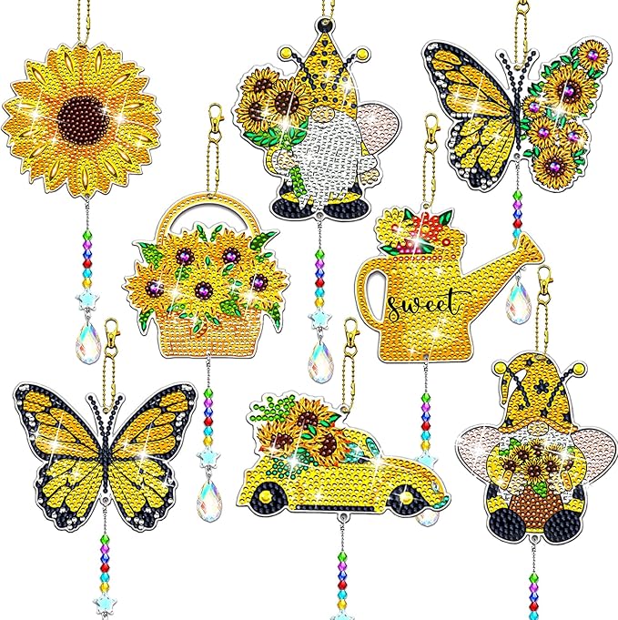 8 Pcs Gnomes Diamond Art Suncatchers Double Sided Diamond Painting Suncatcher Sunflower Diamond Painting Wind Chime Kits 5D DIY Diamond Art Kits for Adults Hanging Ornaments