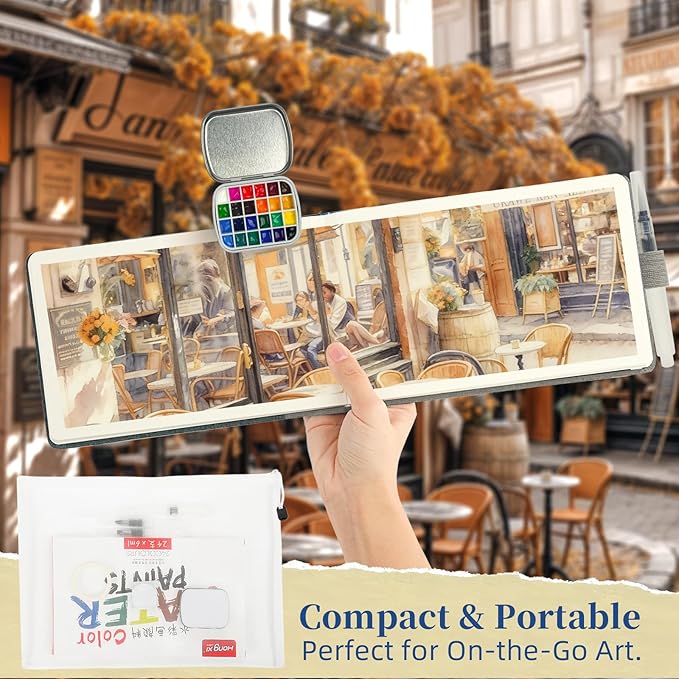 Vienrose Mini Portable Watercolor Palette Set for Travel & Outdoor Painting with 8.5" x 5.5" Linen Cover Watercolor Sketchbook, 24-Color Watercolor Paints, 3 Pens, Artist Tape & Storage Bag