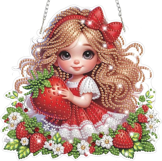 Bowetile Diamond Art Hanging Kits for Adults, Diamond Art Suncatchers Cute Strawberry Girl, 5D Special Shape Diamond Painting Pendant Window Ornament Gifts for Home Wall Door Garden Decor