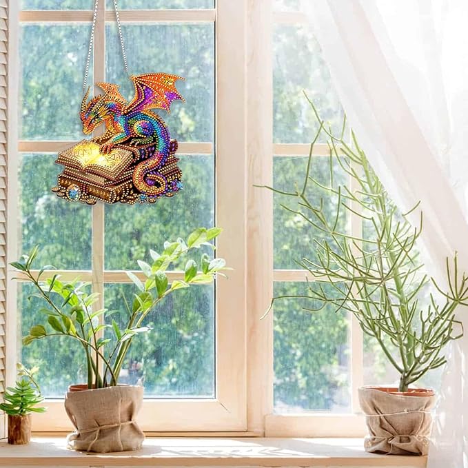 CEOVR Dragon Hanging Diamond Art for Adults, Dragon Book Diamond Painting Pendant DIY Gem Art Wall Hanging Ornament, Acrylic Home Garden Decor with Chain, Box Kit 7.87×7.63inch