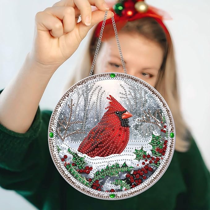 Pavemlo Hanging Diamond Art Kits for Adults Christmas Bird – 8x8 Inch Double-Sided Acrylic Board DIY Crystal Diamond Suncatcher Pendant, Sparkling Home Wall or Window Decoration Handmade Gift