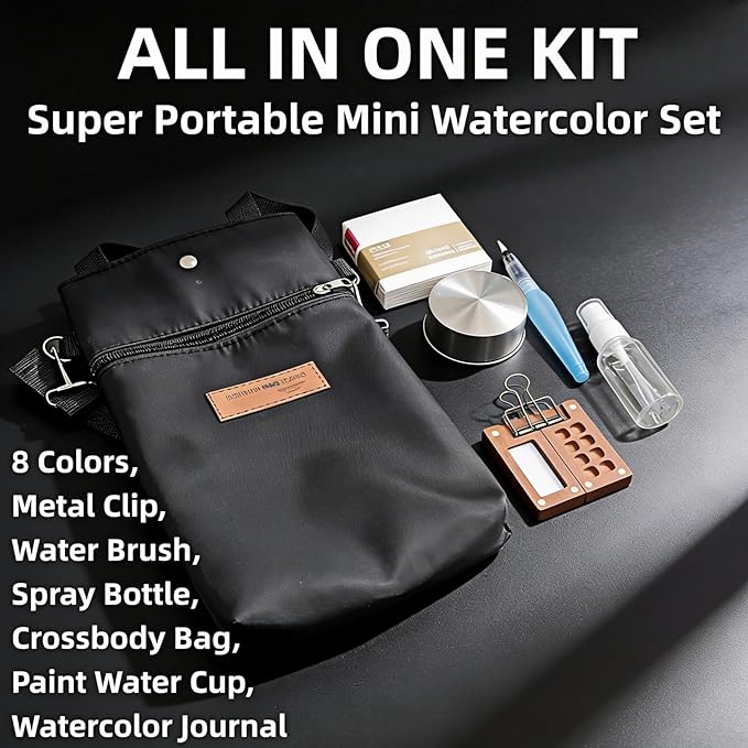 Mini Watercolor Paint Set, 8 Colors Portable Travel Watercolor Kit, Crossbody Watercolor Set with Paint, Art Supplies, for Artists, Amateur Hobbyists and Painting Lovers