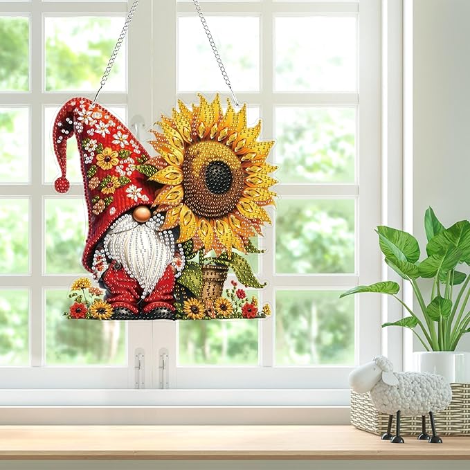 Bowetile Gnome Diamond Art Hanging Kits for Adults, 5D Special Shape Diamond Painting Sunflowers Pendant Kits, Gem Art Suncatchers Painting Window Ornament for Home Garden Wall Decor