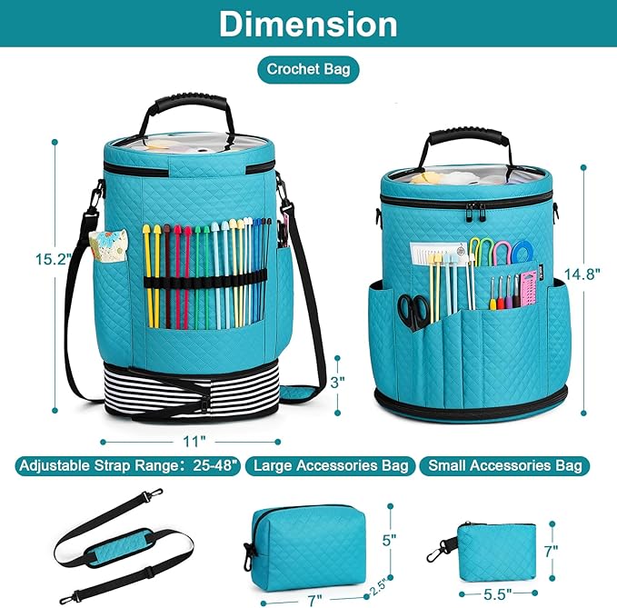 IBFUN Crochet Yarn Knitting Bag 3PCS - Expandable Yarn Storage Organizer Crocheting Bag with Accessories Cases Adjustable Strap for Hooks, Needles, Accessories, Crochet Lovers, Supplies, Beginners