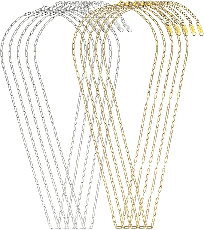 Swyabi 10 PCS Paperclip Chain Necklace Kit 18Inch Stainless Steel Charm Bulk Chains with Extender for DIY Jewelry Making Supplies Accessories (Gold + Steel）