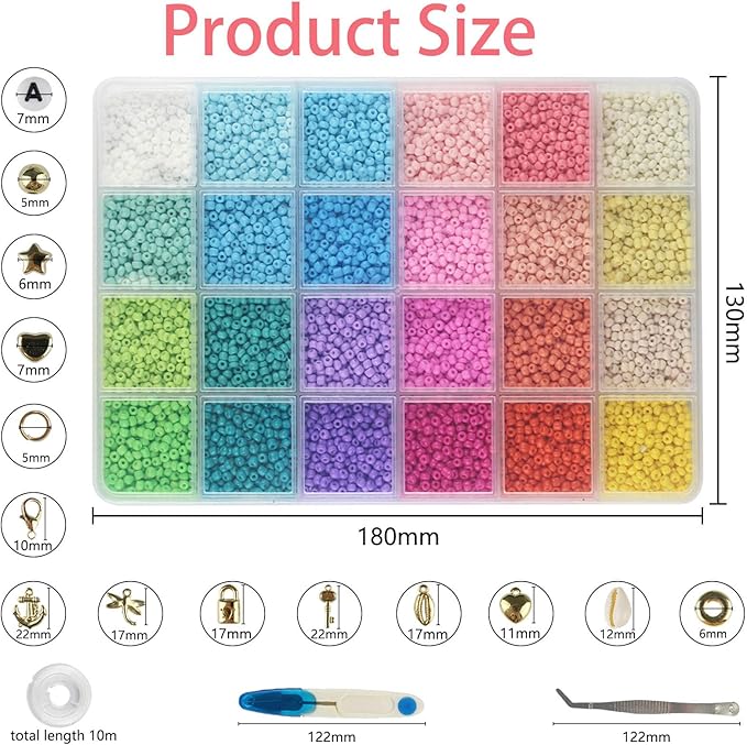 ALIRICH 21600Pcs 3mm Glass Seed Beads for Jewelry Making, 48 Colors Crafts Bead Kit with Letter Smile Face Star Love Heart Beads, Gold Silver Findings Beads for DIY Art Bracelets Necklaces for Women