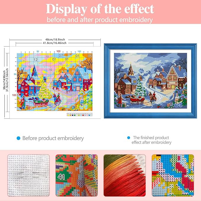 Zhenqing Christmas Snow Village Printed Cross Stitch Kit - 11CT 38x48cm with Threads, Needle & Pattern, No Hoop Needed for Beginners(65685)