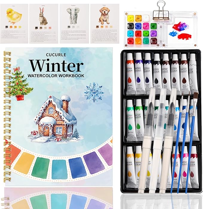 Watercolor Workbook, Water Coloring Book, 24 Colors Watercolor Paint Set with Palette and Brush, 12 Different Patterns of Original DIY Designs, Beginner-Friendly Watercolor Workbook (Winter)