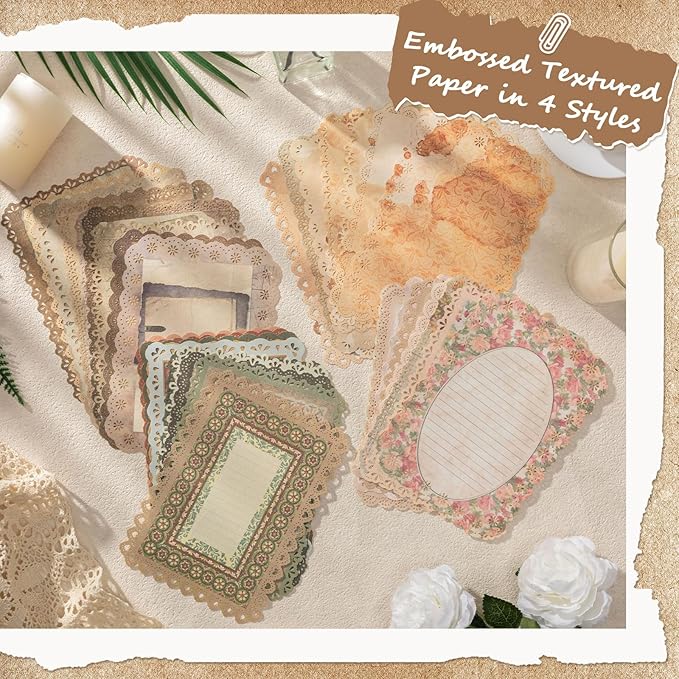 40 Pcs Textured Vintage Scrapbook Paper, 4 Themes Scrapbook Journaling Supplies, Embossed Designs Scrapbooking Kit Decorative Paper for Junk Journals, Card Making, Collage Art, Retro Crafts
