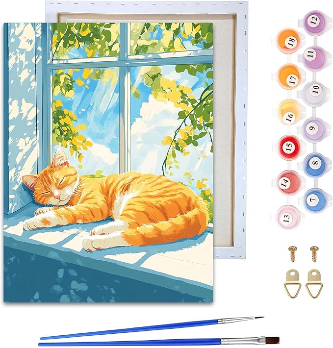 Reofrey Framed Paint by Numbers Kit for Adults & Beginner - 8x12 Inch Canvas Cat Animal Paint by Numbers - Educational & Creative Art Set for Beginners - Perfect for Home Wall Decoration C1979