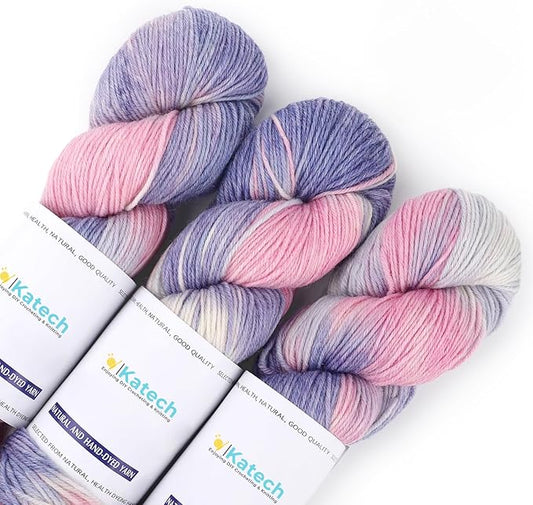 Katech Wool Yarn for Crocheting- 3 Pack 10.58oz/300g Cashmere Yarn- 52% Wool, 10% Cashmere, 38% Polyester, DK Weight Yarns #3-885 Yards Hand Dyed Yarns for Knitting Socks Sweater Shawl-Purple Pink