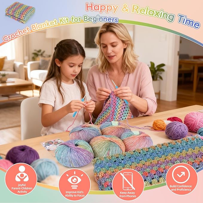 Aeelike Blanket Crochet Kit for Beginners, Super Easy Crochet Blanket Kit with Soft & Colorful Gradient Yarns Detailed Video Tutorials Crocheting Accessories, Rainbow Gradient & Ideal Gift