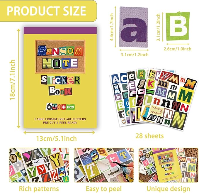 Large Ransom Note Alphabet Letter Stickers Book, Retro Mixed Font Collage Stickers for Scrapbooking, Junk Journal, DIY Craft Projects, Peel & Ready Stickers for Journaling, Card Making, Home Decor