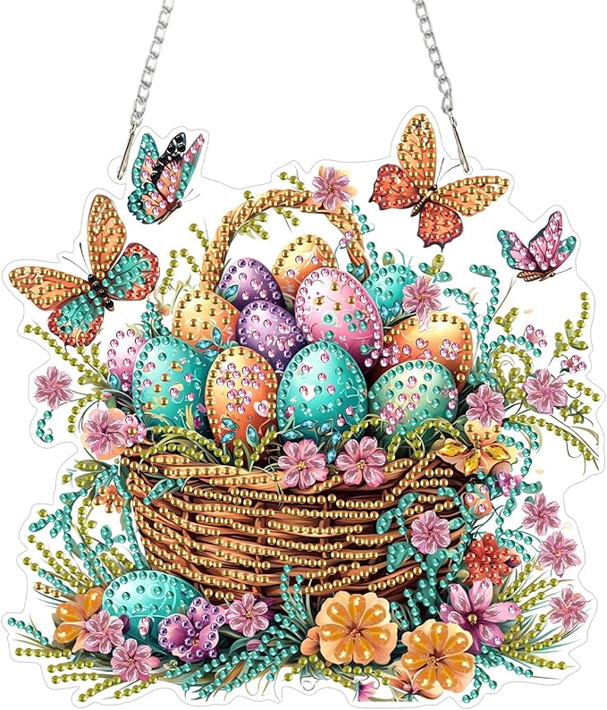 KEYIFA Easter Egg Hanging Diamond Art Painting Kits for Adults and Kids Age 8-12, 5D Special Shape Diamond Dots Kit Butterfly, Crystal Gem Painting Art Crafts for Window, Wall, Door, Garden Decor