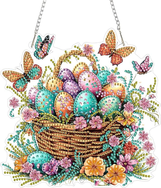 KEYIFA Easter Egg Hanging Diamond Art Painting Kits for Adults and Kids Age 8-12, 5D Special Shape Diamond Dots Kit Butterfly, Crystal Gem Painting Art Crafts for Window, Wall, Door, Garden Decor