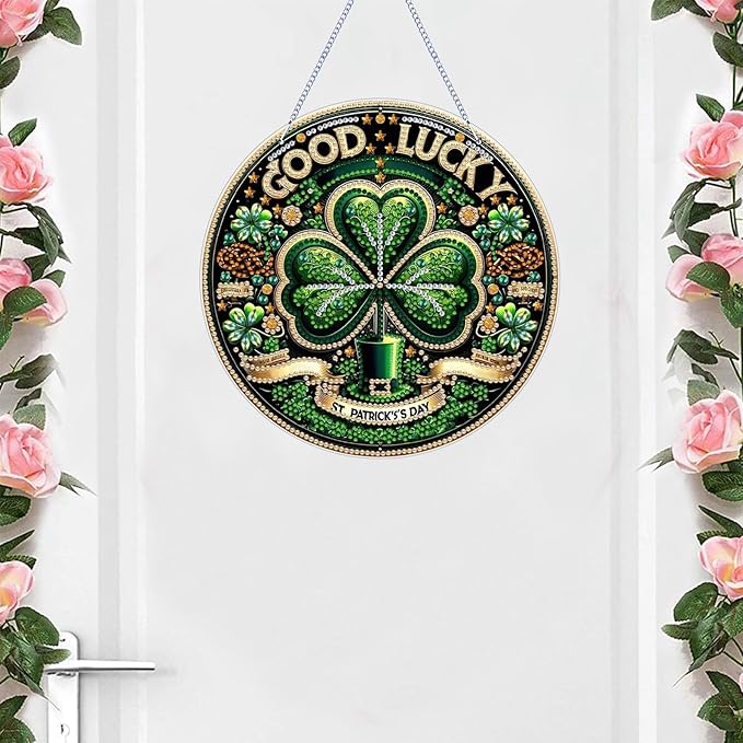 VODAPYC Saint Patrick's Day Diamond Art Hanging Kits for Adults, DIY Special Shaped Partial Diamonds Art Window Cling Pendant Ornament for Home Decor (Good Lucky)