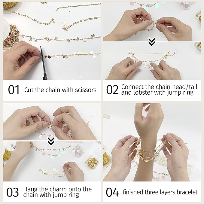 1014pcs Chains Jewelry Making Kit, DIY Keychain Earrings Bracelet Necklace Waist/Head/Thigh/foot/Shoes Chains Cup Charm,All in One Kit Contains Metal Chains Pendants Clasps Self-seal Bags for Gift