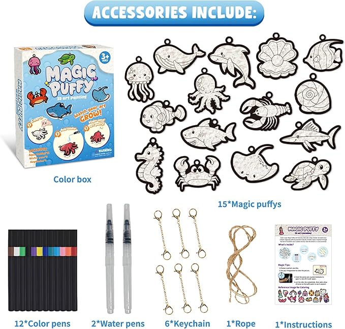 MZYTOZA Magic Foam Texture Painting Kit - 3D Art Craft Aqua Magic Puffs Paint Kit, 15 Mess-Free Paint by Number Craft for Kids（Marine Animals