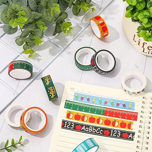Whaline 12 Rolls Back to School Washi Tape Colorful Welcome Back to School Washi Masking Tape School Bus Ruler Crayon Decorative Paper Stickers for Scrapbook Gift Wrapping DIY Art Crafts