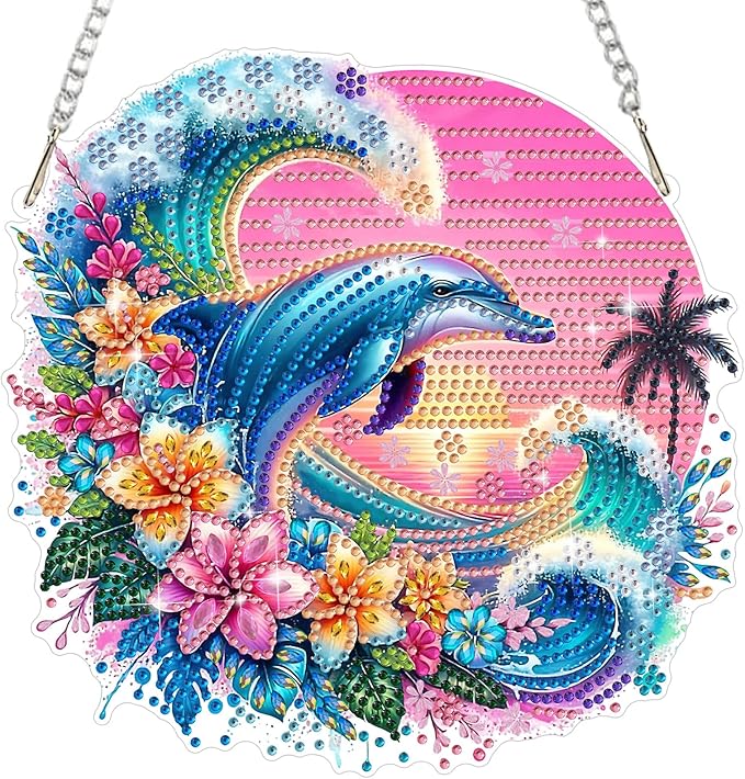 MEIYUDA Dolphins Diamond Art Hanging Kits for Adult, Ocean Dolphins Diamond Painting Hanging Kits Ornaments, DIY Special Shaped Rhinestone Window Pendants Kit for Home Garden Wall Decor Gift