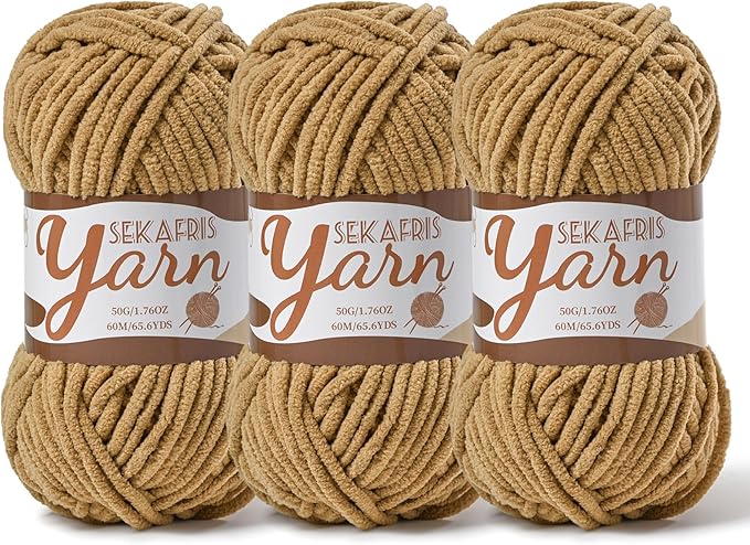 3 Pack Fluffy Velvet Yarn for Crocheting，Baby Blanket Yarn for Crocheting Soft，150g(196.8yds) Amigurumi Yarns，Plush Chenille Crochet Yarns，Puzzle Yarn for Crochet Weaving Craft(3 Light Coffee)