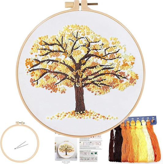 FONNUY Crewel Embroidery Kit for Beginners, Seasonal Tree Pre-Stamped Pattern Kits for Adults with Hoop, Easy to Follow Color Thread Needlework, 8'' (Yellow)