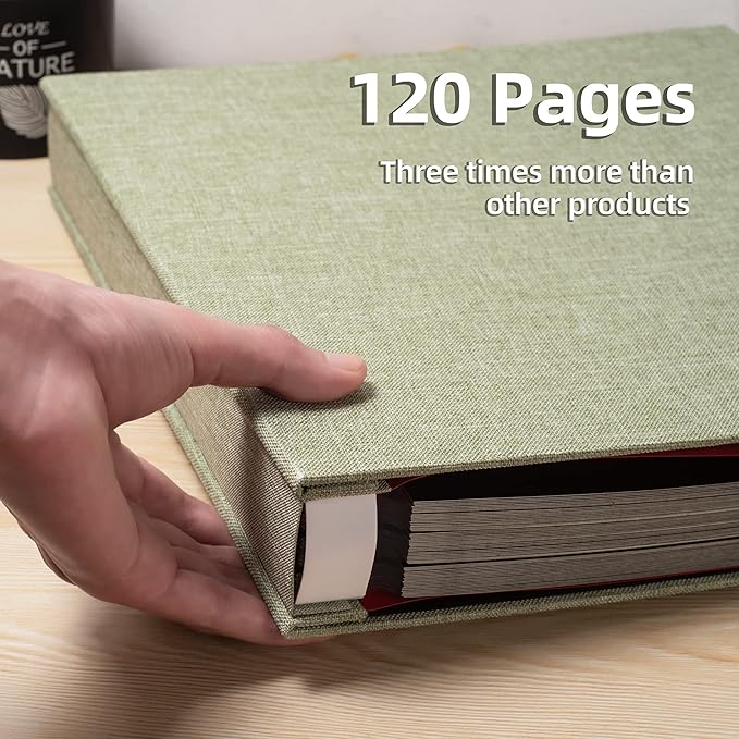 Large Photo Album Self Adhesive 4x6 5x7 3x5 8x10 Scrapbook Magnetic Album DIY Scrap Book Length 13 x Width 12.8 (Inches) 120 Black Sticky Pages Linen Cover DIY Photo Album(Gress Green)