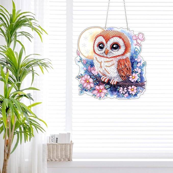 Lxmsja DIY Adorable Owl Diamond Painting Hanging Ornament, Double-Sided Acrylic Moon Flowers Diamond Art Kit, Special Shaped Suncatcher Hanging Pendant Window Art Kit 8x8 inch