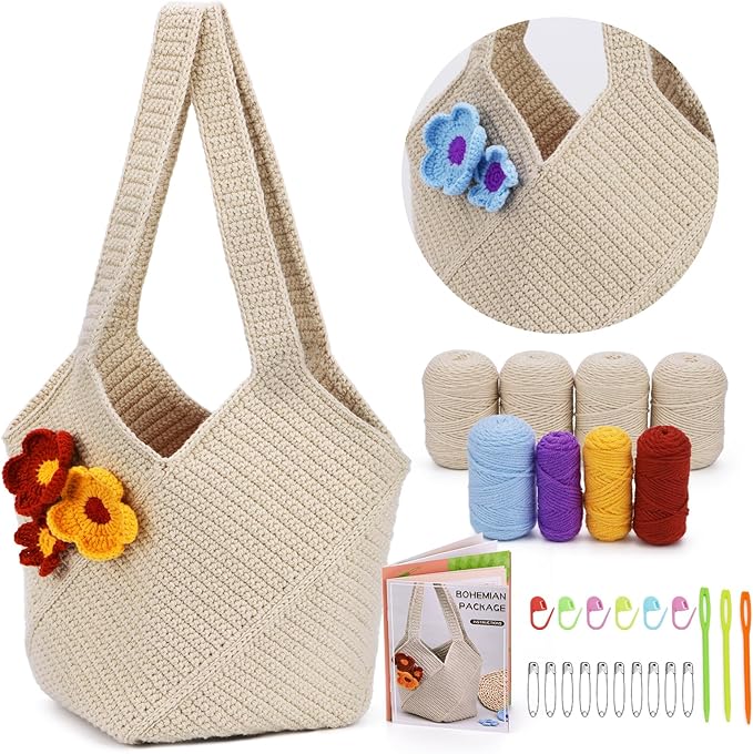 Pnytty Crochet Bag Kit for Beginners Complete Starter Set with Yarn, Hook & Step-by-Step Video Tutorials DIY Shoulder Bag Crafting Gift for Adults (Beige)