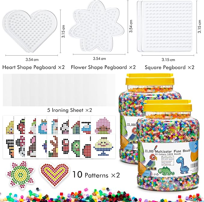 inscraft 2 buckets of fuse beads, 46,000 pcs 5mm iron beads for kids crafts, 30 colors with 6 pegboards, 10 ironing paper, 20 patterns, gifts for birthday christmas, multicolor refill kit