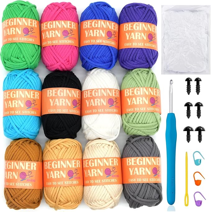 12 Pack Beginners Crochet Yarn Coffee Brown Beige Grey Cotton Easy Crochet Yarn for Crocheting Knitting Beginners with Easy-to-See Stitches Multiclor Mini Beginner Crochet Kit(12x25g)