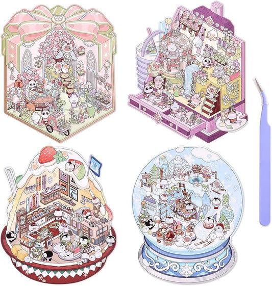 4 Sets DIY 3D House Stickers, Scene Miniature Scene Stickers, Cute Cartoon Scenes for Women Girls Teen Kids, Make Your Own Sticker, Fun Room Sticker BookRelief Stress Pass The Time