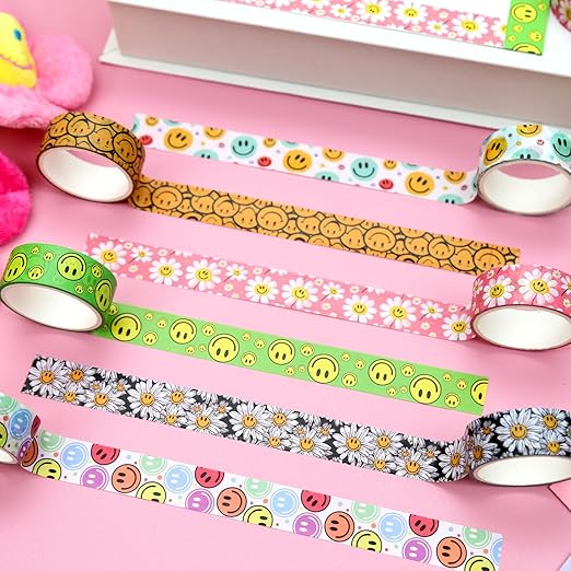 12 Rolls Smile Face Washi Tape Set, Cute Flower Decorative Tape, Colorful Cartoon Masking Tape for Journaling Supplies, Junk Journal, Scrapbooking, DIY Arts & Crafts Supplies