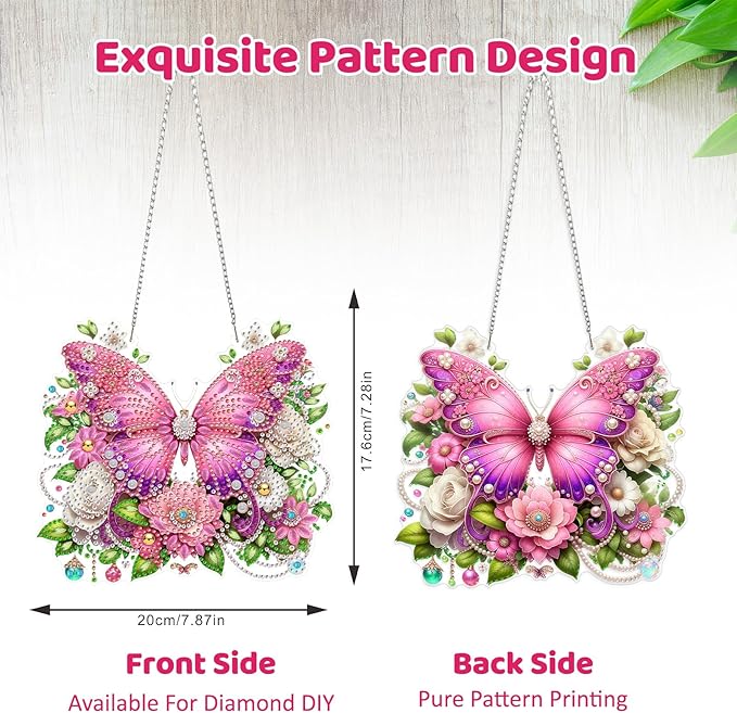 MEIYUDA Butterfly Diamond Art Hanging Kits for Adult, Flowers Butterfly Diamond Painting Hanging Kits Ornaments, DIY Special Shaped Rhinestone Window Pendants kit for Home Garden Wall Decor Gift
