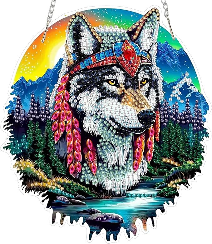 SENQAO Wolf Diamond Art Hanging Kit for Adult Mountain Landscape, 5D Special Shape Diamond Art Kits, Wolf Crystal Rhinestones Diamond Gem Art Painting for Home Garden Wall Decor
