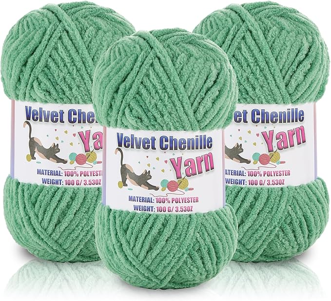 3 * 100g/3.5oz Fluffy Chenille Yarn for Crocheting, Chunky Velvet Yarn for Crochet Amigurumi, Used for Making Baby Yarns Blanket, Clothes, Pattern Knitting Creations (Light Green)